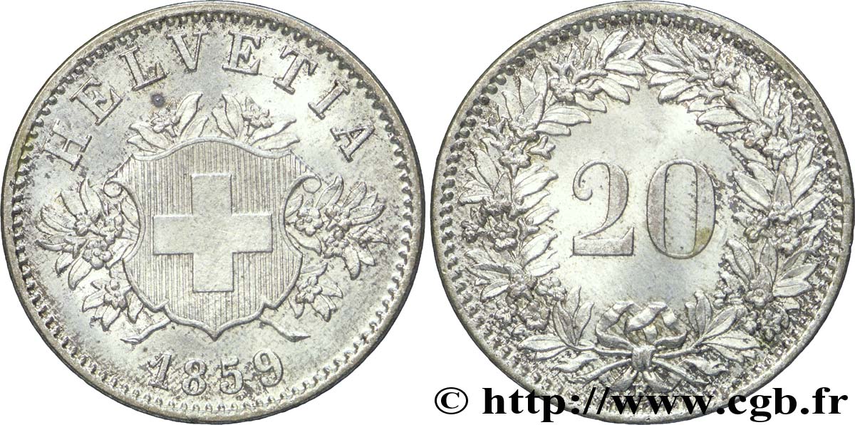 SCHWEIZ 20 Centimes (Rappen) croix suisse 1859 Berne - B VZ 