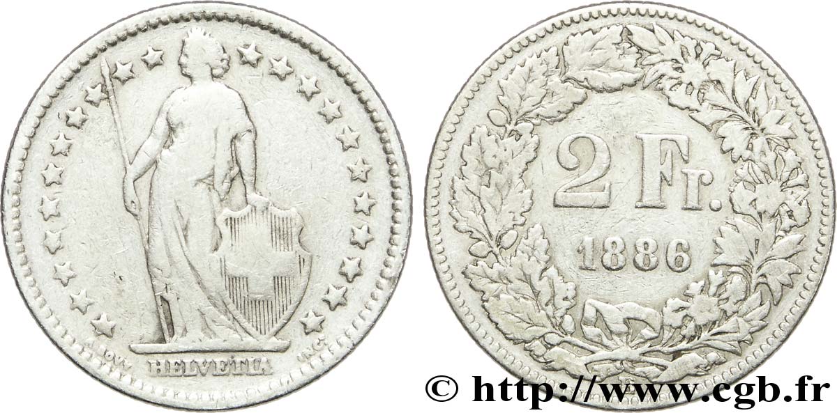 SVIZZERA  2 Francs Helvetia 1886 Berne - B MB 