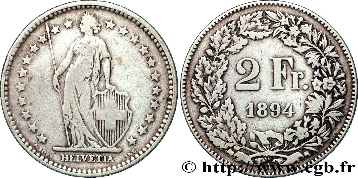 SWITZERLAND 2 Francs Helvetia 1894 Berne - B VF 