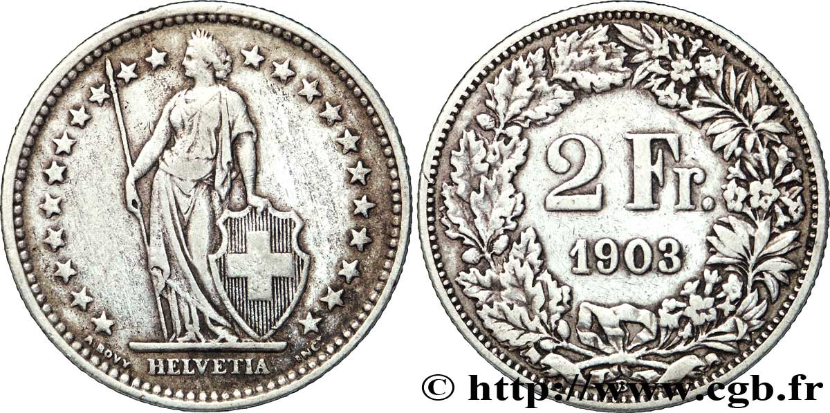 SWITZERLAND 2 Francs Helvetia 1903 Berne - B XF 