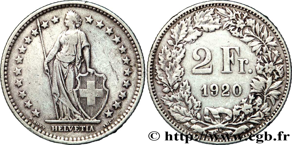 SWITZERLAND 2 Francs Helvetia 1920 Berne XF 