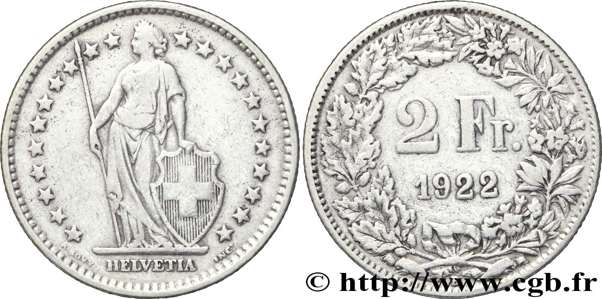 SWITZERLAND 2 Francs Helvetia 1922 Berne - B VF 