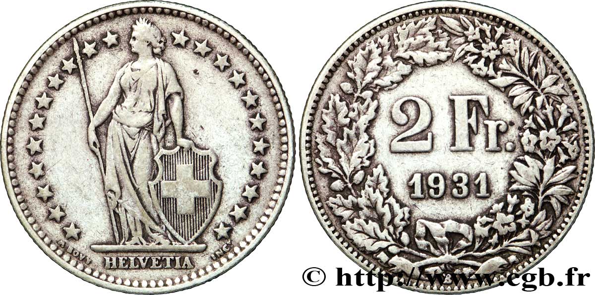 SWITZERLAND 2 Francs Helvetia 1931 Berne - B VF 