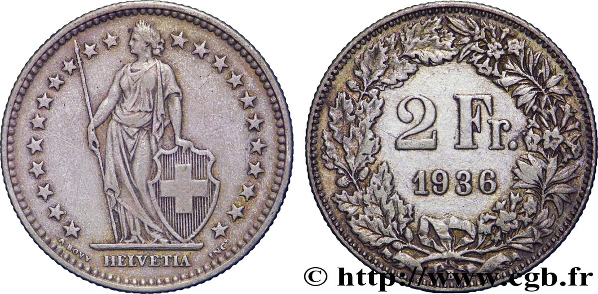SWITZERLAND 2 Francs Helvetia 1936 Berne - B XF 