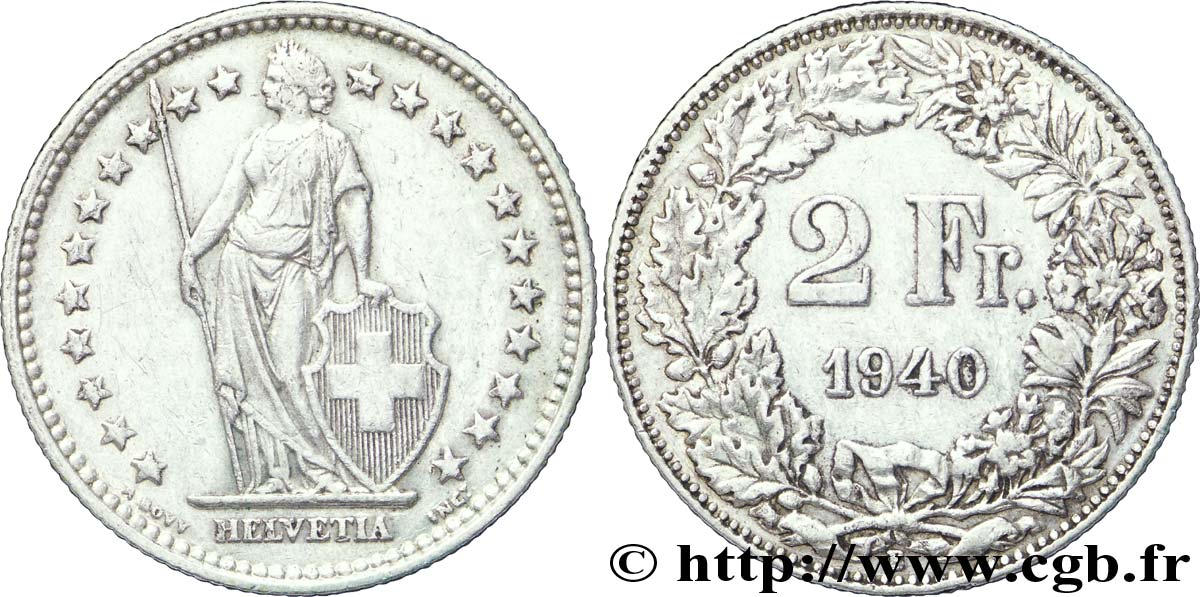 SCHWEIZ 2 Francs Helvetia 1940 Berne - B VZ 
