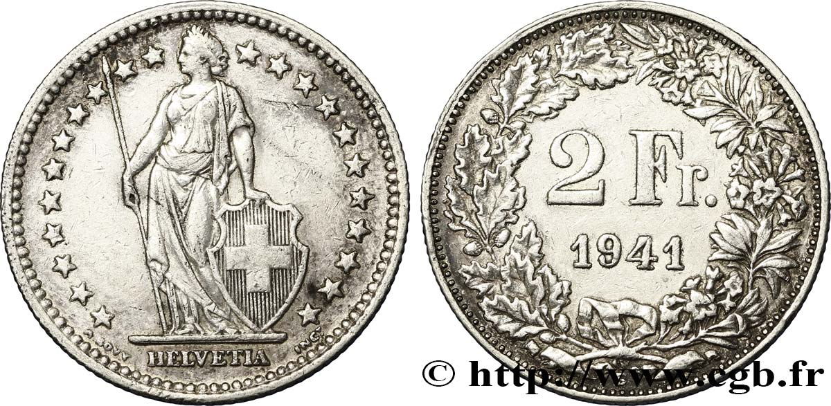 SWITZERLAND 2 Francs Helvetia 1941 Berne - B AU 