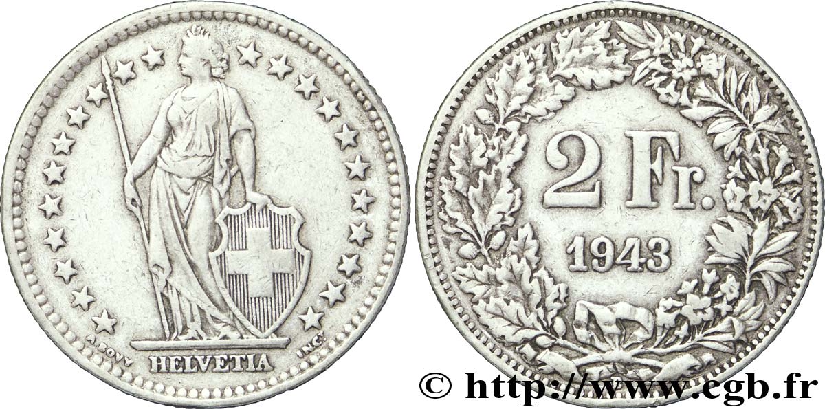 SWITZERLAND 2 Francs Helvetia 1943 Berne - B AU 