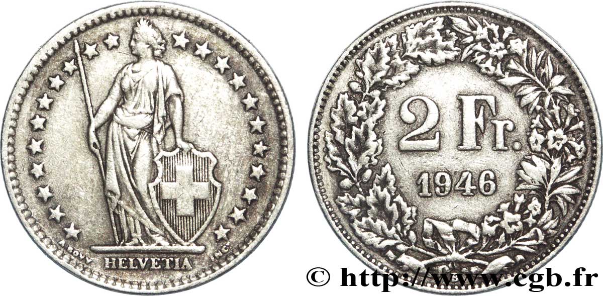 SVIZZERA  2 Francs Helvetia 1946 Berne BB 