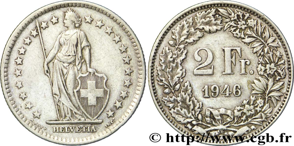 SWITZERLAND 2 Francs Helvetia 1946 Berne - B AU 