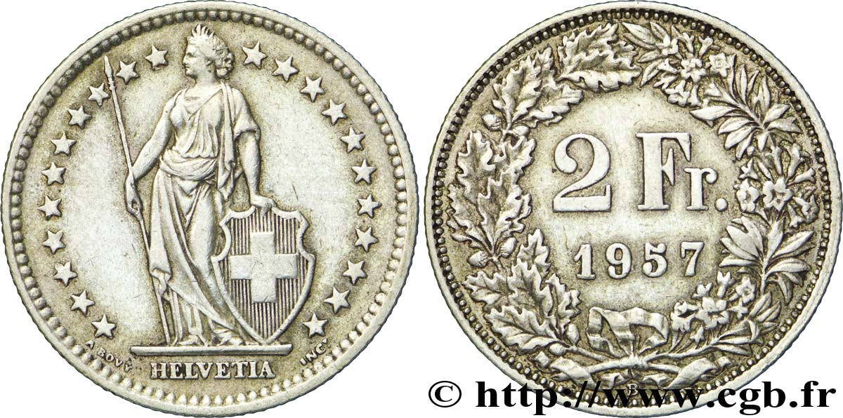 SCHWEIZ 2 Francs Helvetia 1957 Berne - B VZ 