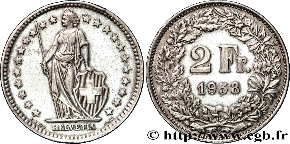 SUIZA 2 Francs Helvetia 1958 Berne EBC 