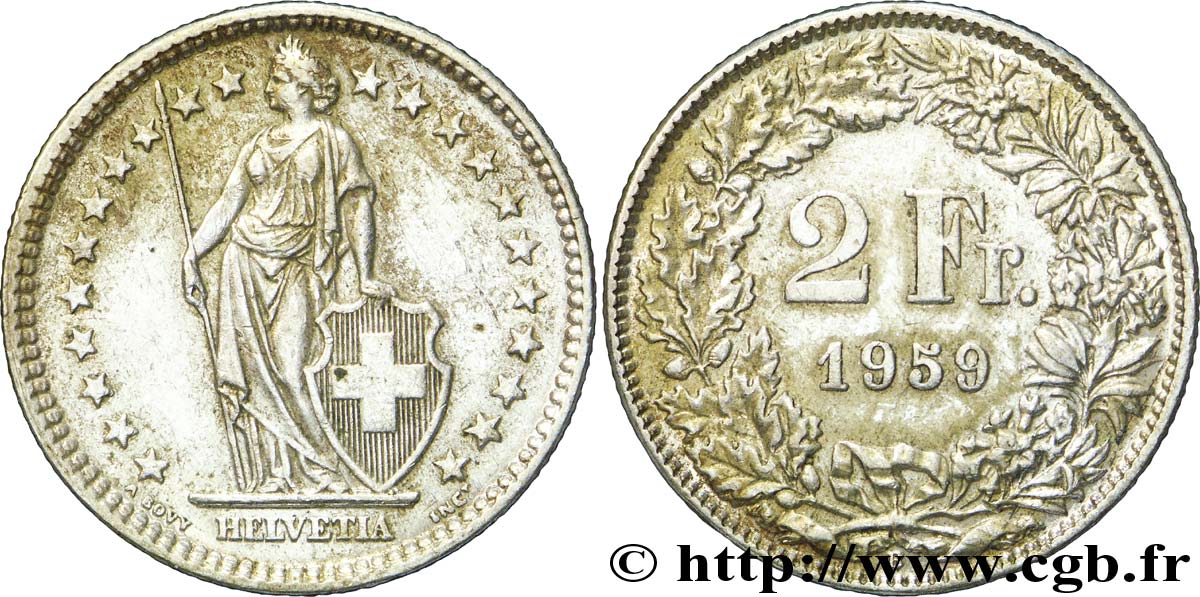SWITZERLAND 2 Francs Helvetia 1959 Berne - B AU 