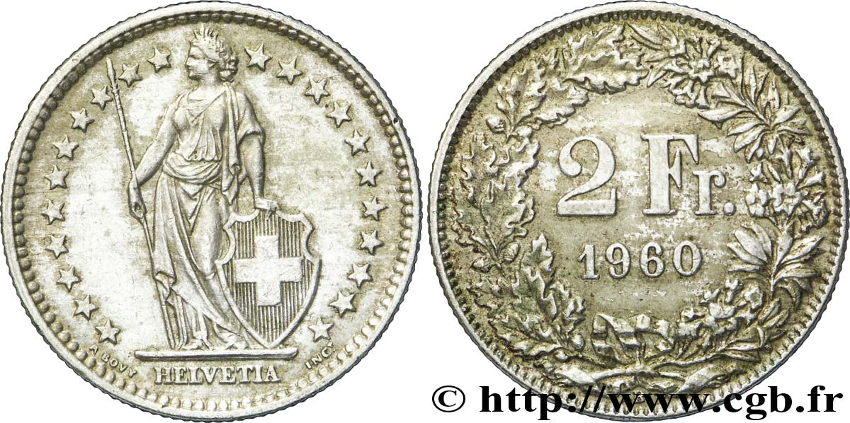 SCHWEIZ 2 Francs Helvetia 1960 Berne - B VZ 