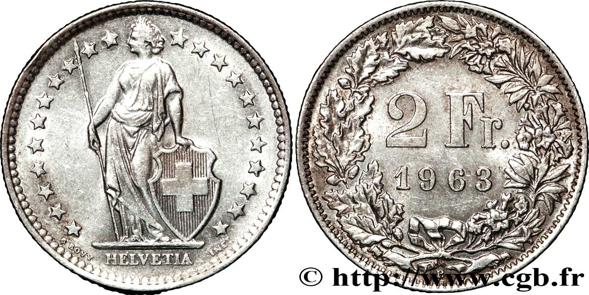 SVIZZERA  2 Francs Helvetia 1963 Berne SPL 