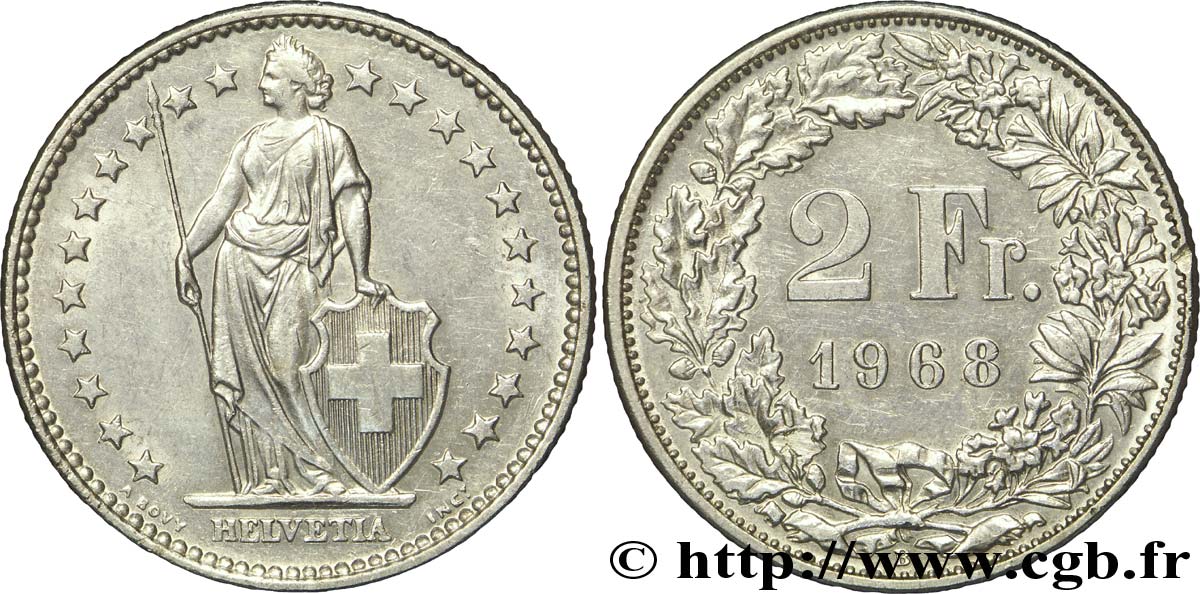 SWITZERLAND 2 Francs Helvetia 1968 Berne AU 