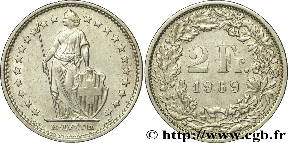 SWITZERLAND 2 Francs Helvetia 1969 Berne AU 