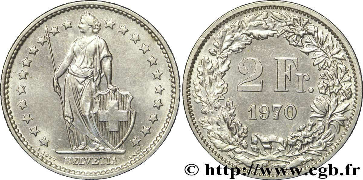 SWITZERLAND 2 Francs Helvetia 1970 Berne - B AU 