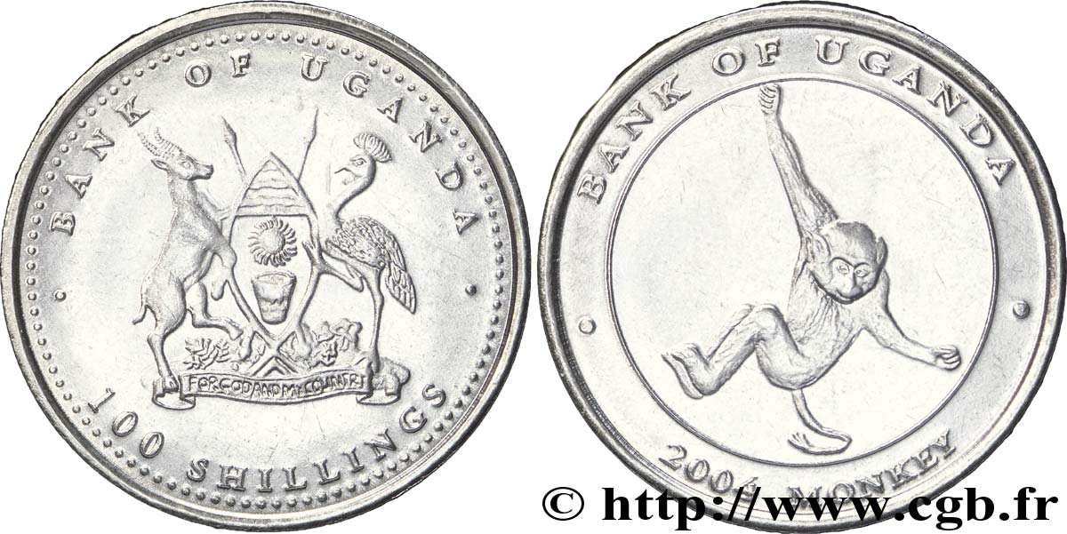 UGANDA 100 Shillings série singes type 2 : emblème / singe 2004  MS 