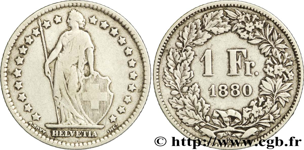 SWITZERLAND 1 Franc Helvetia 1880 Berne - B VF 