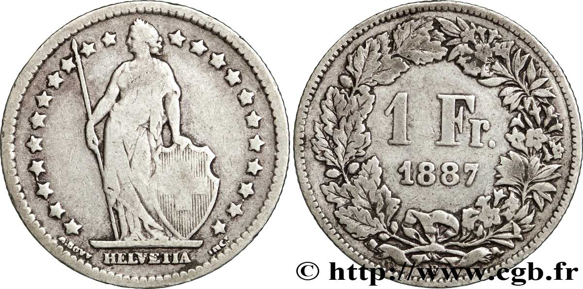 SWITZERLAND 1 Franc Helvetia 1887 Berne VF 
