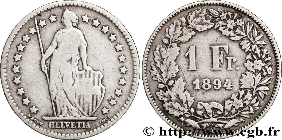 SUIZA 1 Franc Helvetia 1894 Paris - A BC+ 