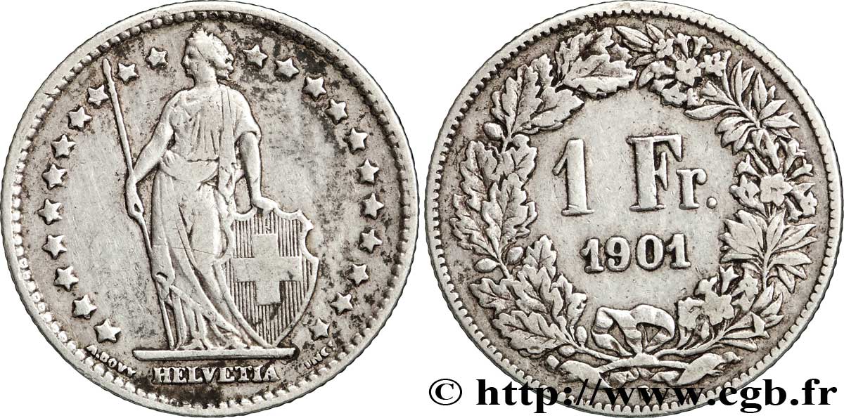 SWITZERLAND 1 Franc Helvetia 1901 Berne - B XF 