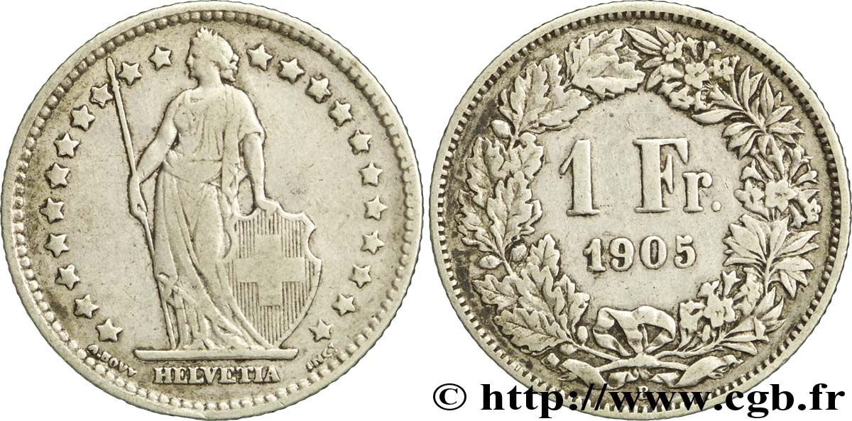 SWITZERLAND 1 Franc Helvetia 1905 Berne - B XF 
