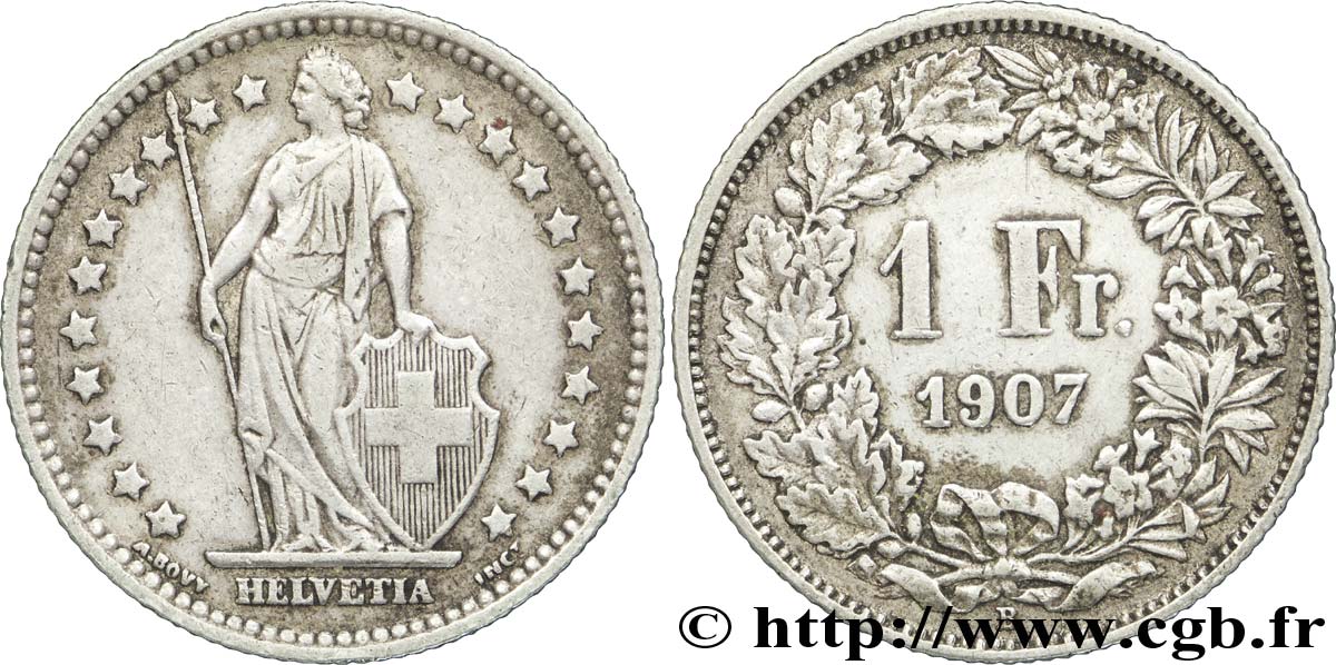 SUIZA 1 Franc Helvetia 1907 Berne - B MBC 
