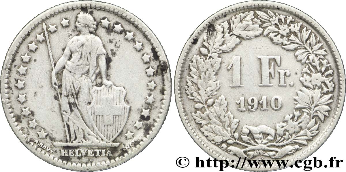 SWITZERLAND 1 Franc Helvetia 1910 Berne - B VF 