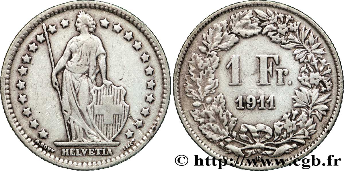 SWITZERLAND 1 Franc Helvetia 1911 Berne XF 