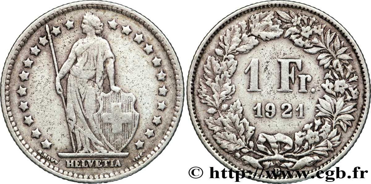 SWITZERLAND 1 Franc Helvetia 1921 Berne - B XF 