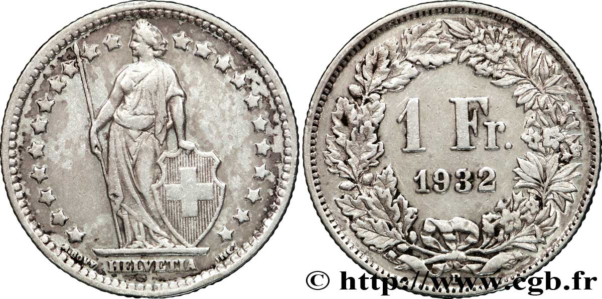 SWITZERLAND 1 Franc Helvetia 1932 Berne - B XF 