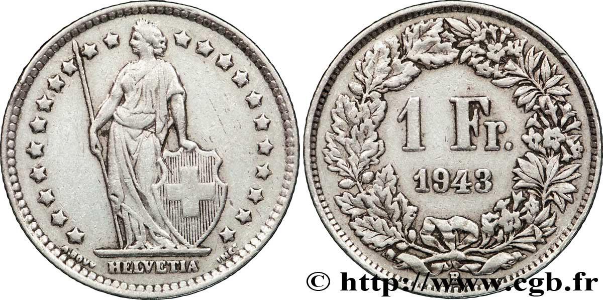 SWITZERLAND 1 Franc Helvetia 1943 Berne XF 