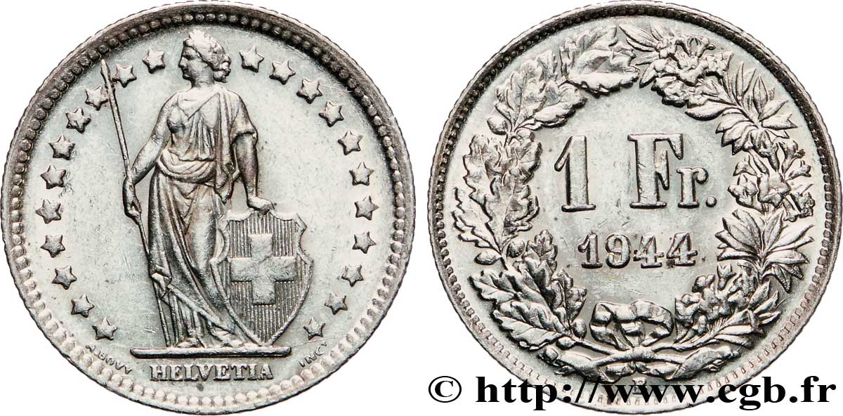 SWITZERLAND 1 Franc Helvetia 1944 Berne AU 