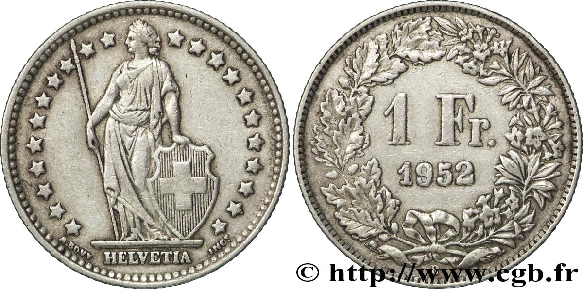 SWITZERLAND 1 Franc Helvetia 1952 Berne - B AU 