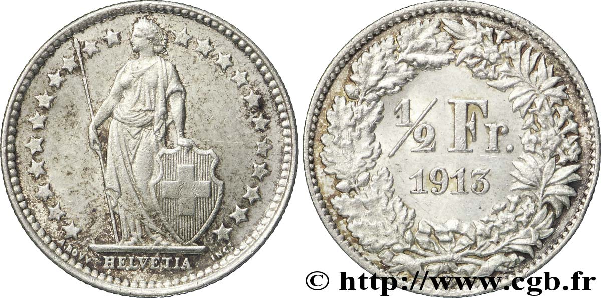SWITZERLAND 1/2 Franc Helvetia 1913 Berne - B AU 