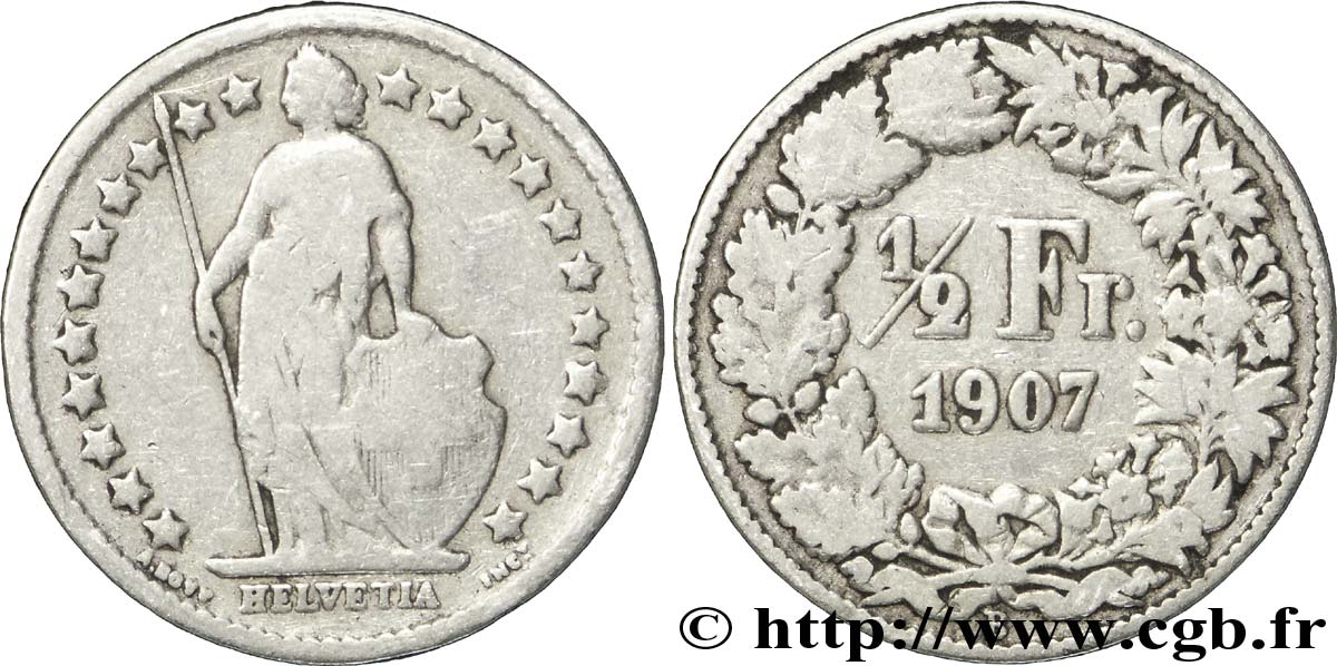 SWITZERLAND 1/2 Franc Helvetia 1907 Berne - B VF 