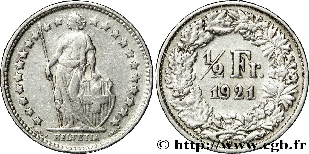 SWITZERLAND 1/2 Franc Helvetia 1921 Berne - B XF 