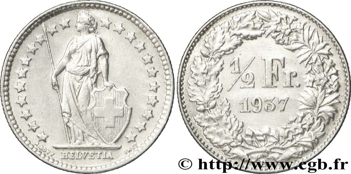 SWITZERLAND 1/2 Franc Helvetia 1937 Berne - B AU 