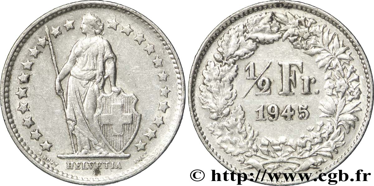 SWITZERLAND 1/2 Franc Helvetia 1945 Berne - B AU 