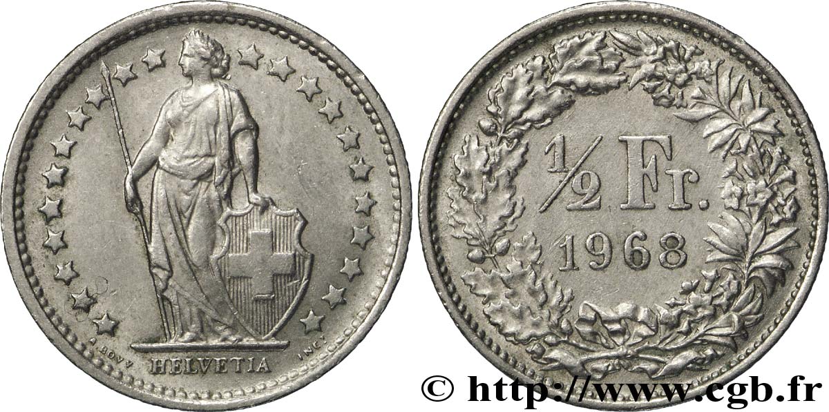 SWITZERLAND 1/2 Franc Helvetia 1968  AU 