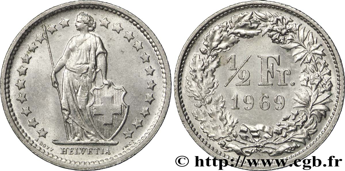 SWITZERLAND 1/2 Franc Helvetia 1969  AU 