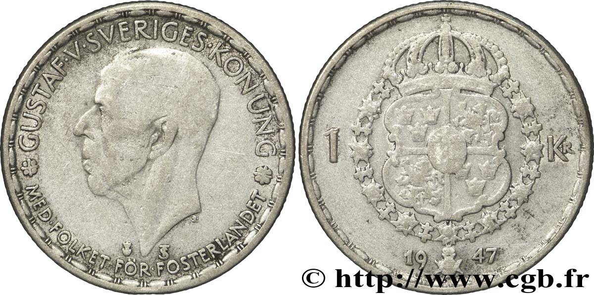 SWEDEN 1 Krona Gustave V 1947  VF 
