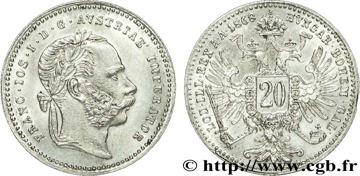 ÖSTERREICH 20 Kreuzer Empereur François-Joseph Ier tête laurée / aigle bicéphale 1868 Vienne VZ 