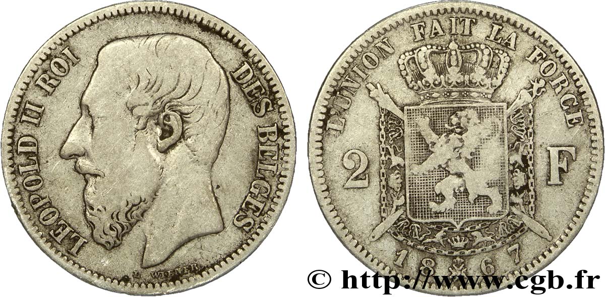 BELGIQUE 2 Francs Léopold II légende française 1867  B+ 