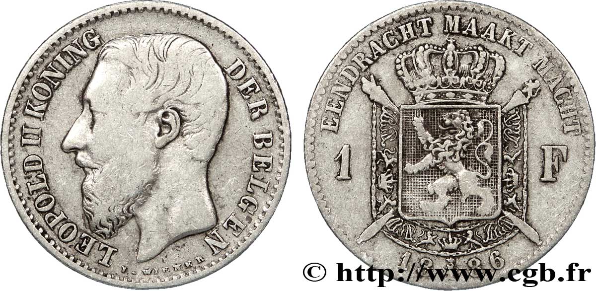 BELGIUM 1 Franc Léopold II légende flamande signature L.WIENER avec barre horizontale du ‘L’ coupée 1886  VF 