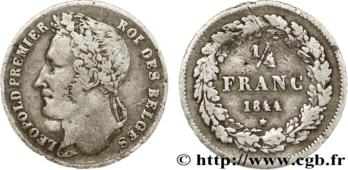 BELGIUM 1/4 Franc Léopold tête laurée 1844  VF 