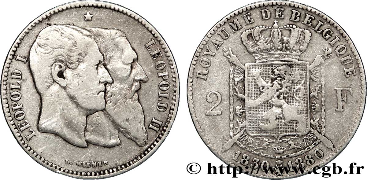 BÉLGICA 2 Francs 50e anniversaire de l’indépendance 1880  BC+ 