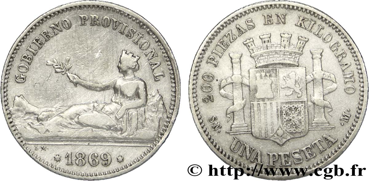 SPAIN 1 Peseta monnayage provisoire (1869) 1869 Madrid VF 