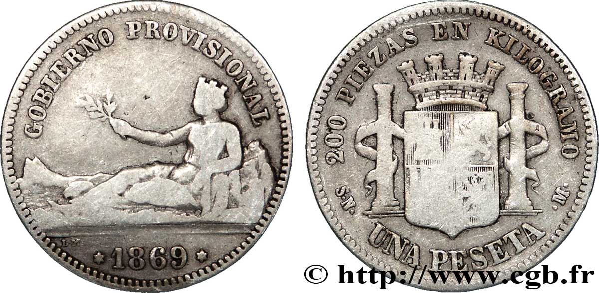 ESPAÑA 1 Peseta monnayage provisoire (1869) avec mention “Gobierno Provisional” 1869 Madrid BC 